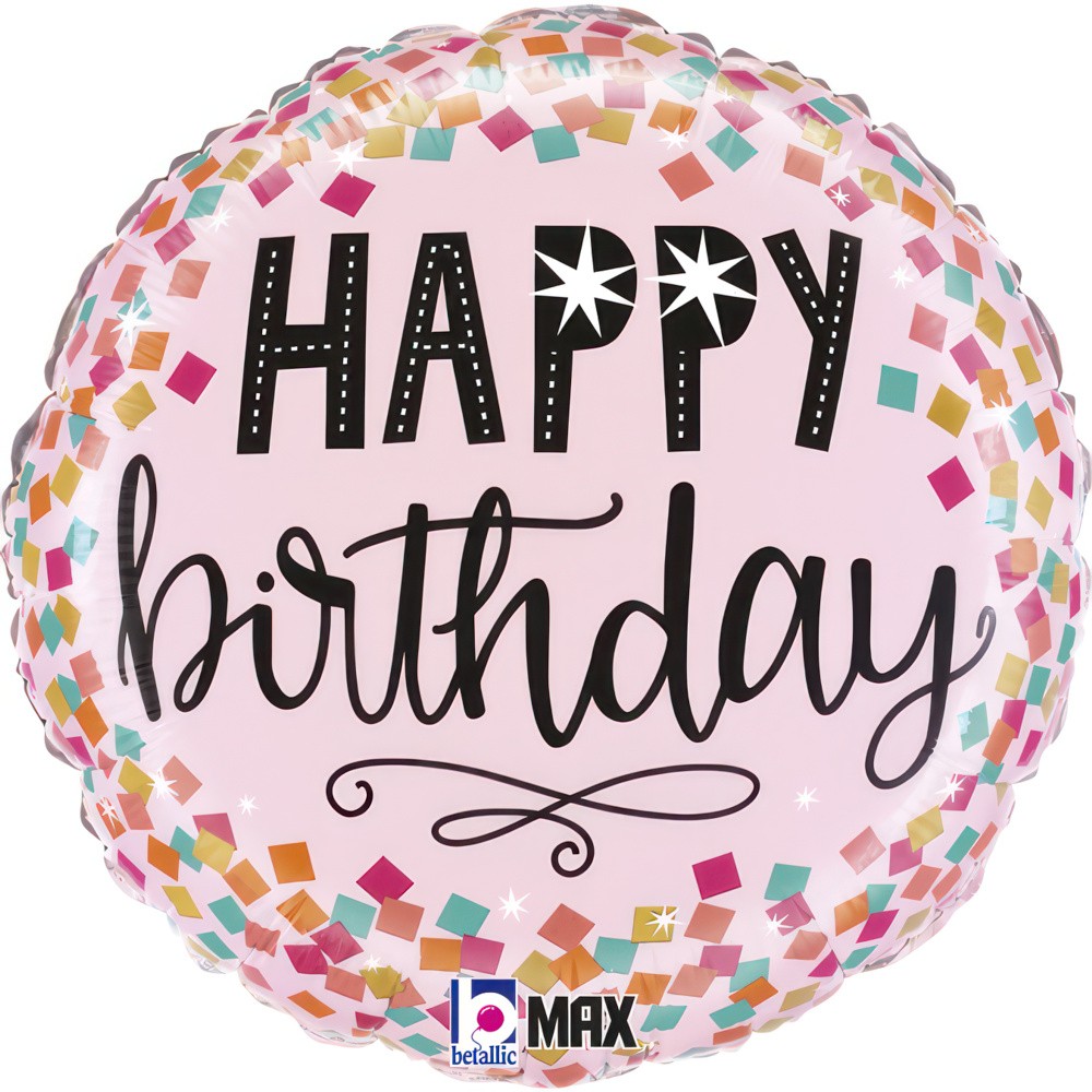 Balon foliowy okrągły Happy birthday różowy konfetti
