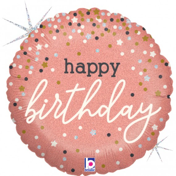 Balon foliowy okrągły Happy birthday różowe złoto konfetti