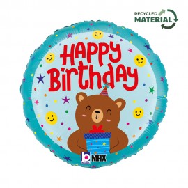 Balon foliowy okrągły Happy birthday miś