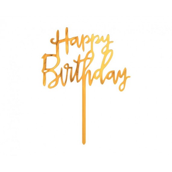 Topper na tort Happy Birthday z akrylu - złoty