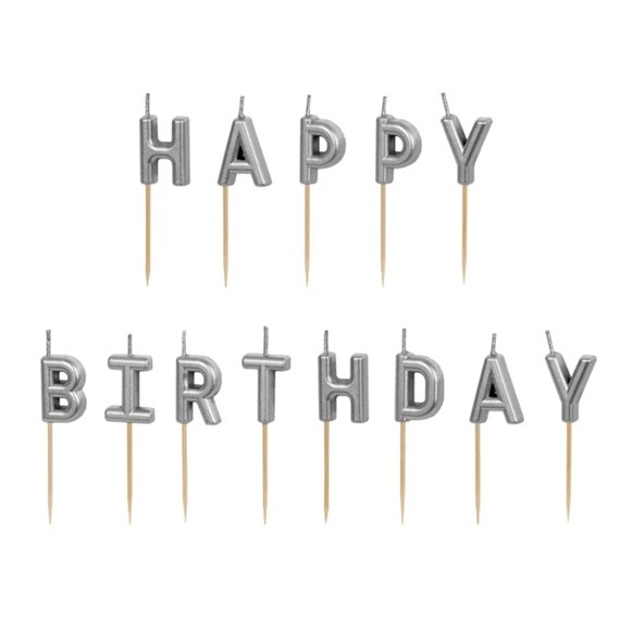 Świeczki urodzinowe Happy Birthday, 2.5 cm, srebrny