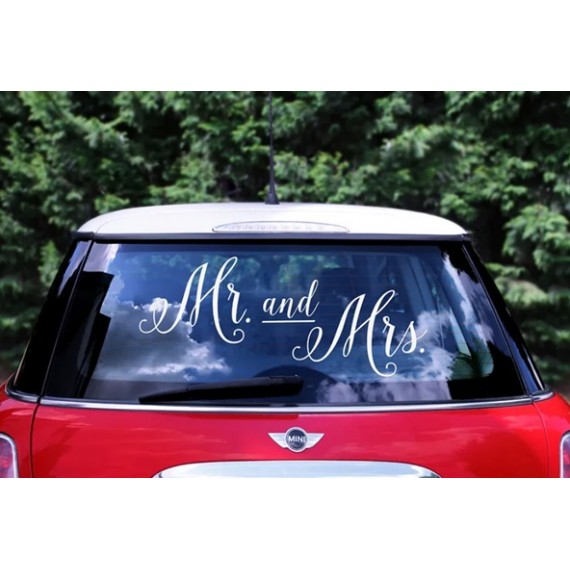 Naklejka ślubna na samochód - Mr. and Mrs.