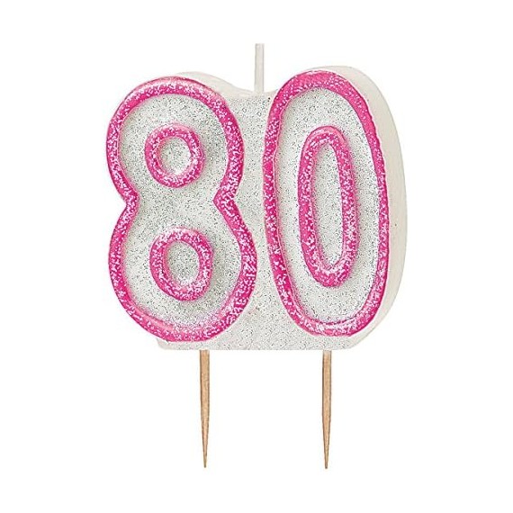 Świeczka cyferka 80, brokatowa różowa