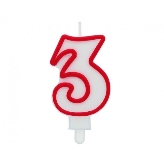 Świeczka cyferka "3", czerwony kontur 7 cm