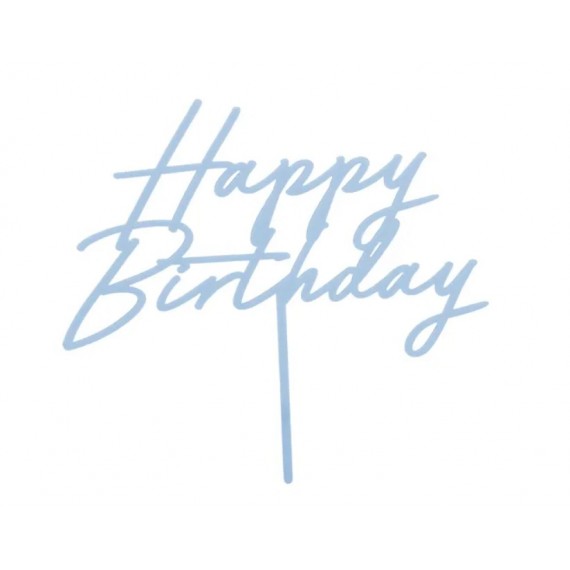 Topper akrylowy na tort Happy Birthday, mglisty niebieski, 16.5 cm