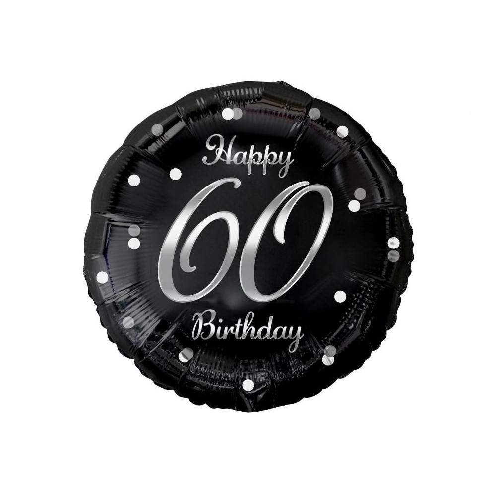 Balon foliowy Happy 60 Birthday, czarny, nadruk srebrny, 18"