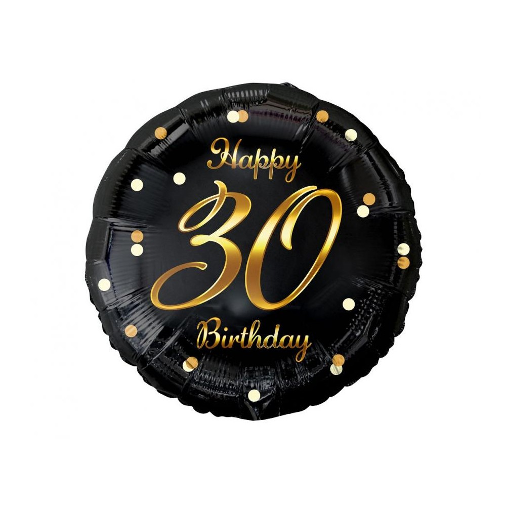 Balon foliowy Happy 30 Birthday, czarny, nadruk złoty, 18"