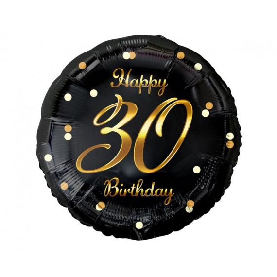 Balon foliowy Happy 30 Birthday, czarny, nadruk złoty, 18"