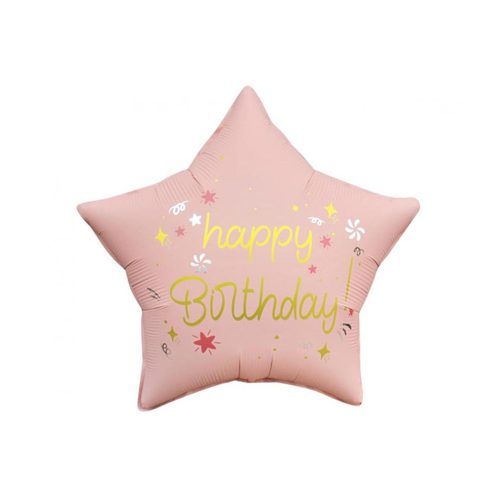 Balon foliowy Happy Birthday, gwiazda matowa jasno różowa 18"