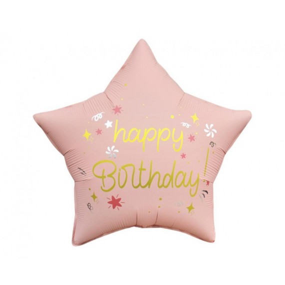 Balon foliowy Happy Birthday, gwiazda matowa jasno różowa 18"