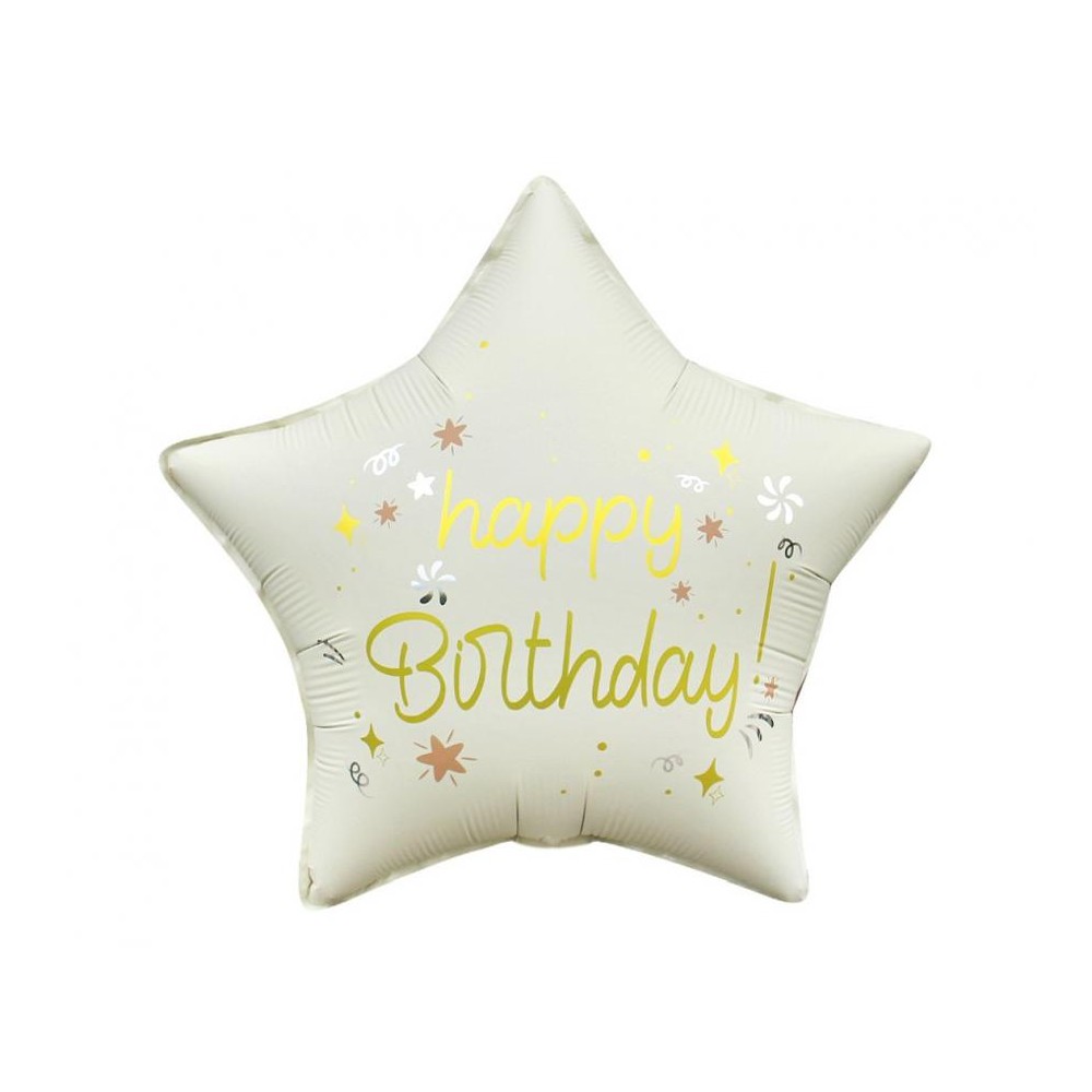 Balon foliowy Happy Birthday, gwiazda matowa biała 18"