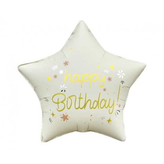 Balon foliowy Happy Birthday, gwiazda matowa biała 18"