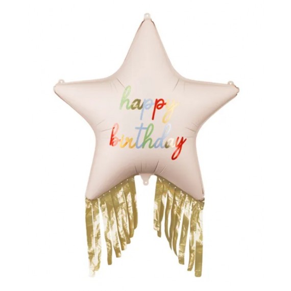Balon foliowy Gwiazda z frędzlami Happy Birthday, 72x72 cm
