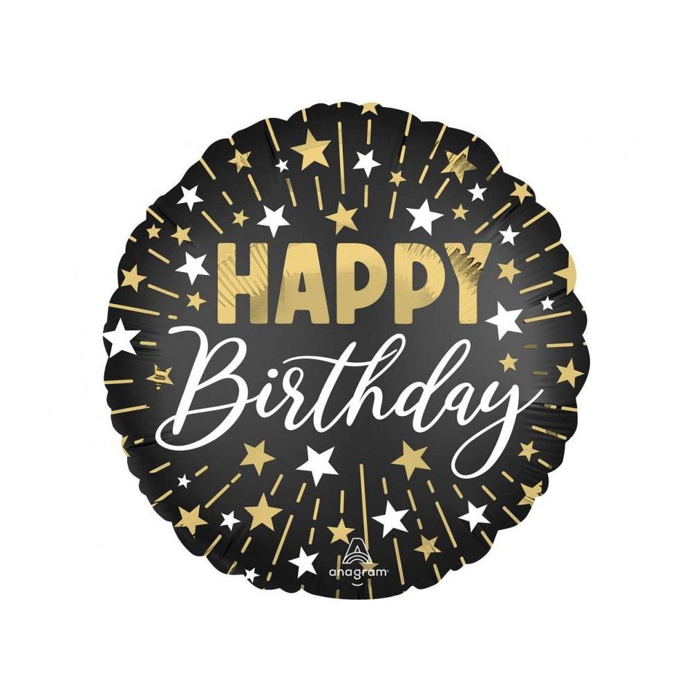 Balon foliowy 17'', Black silver gold Happy Birthday