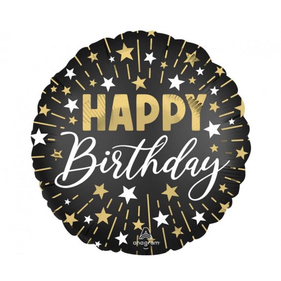 Balon foliowy 17'', Black silver gold Happy Birthday