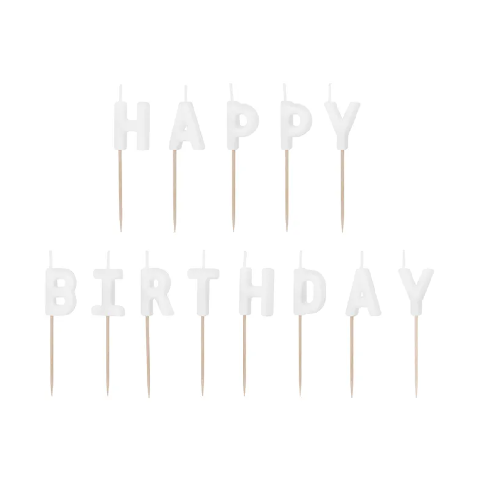 Świeczki urodzinowe Happy Birthday, 2.5 cm, biały