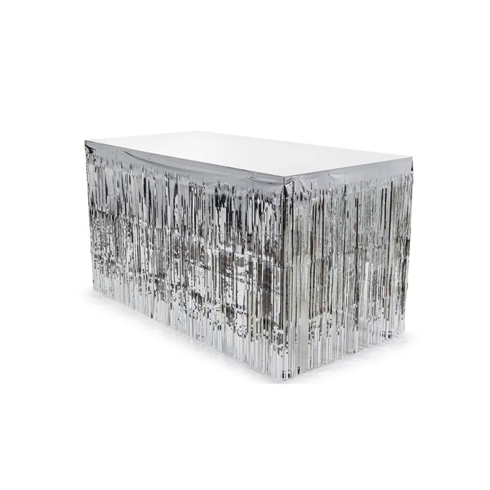 Dekoracja na brzeg stołu, frędzle, srebrna, 80x300 cm