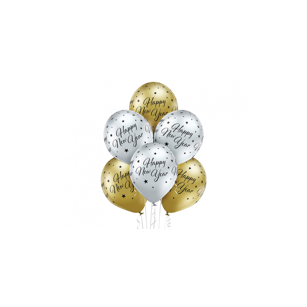 Balon lateksowy chrom złoty / srebrny z nadrukiem Happy New Year
