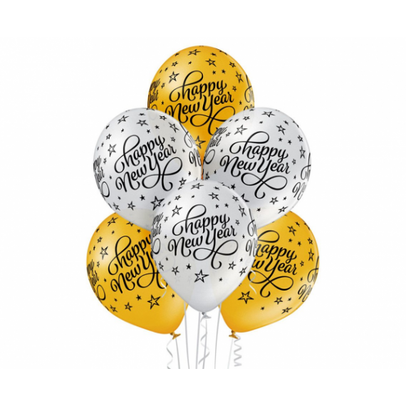 Balon lateksowy metaliczny złoty / srebrny z nadrukiem Happy New Year