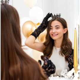 Dekoracja na tort Korona srebrna z czarnymi kryształkami 10 cm