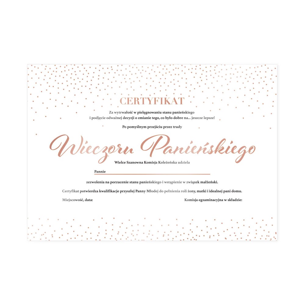 Certyfikat Wieczór Panieński rose gold