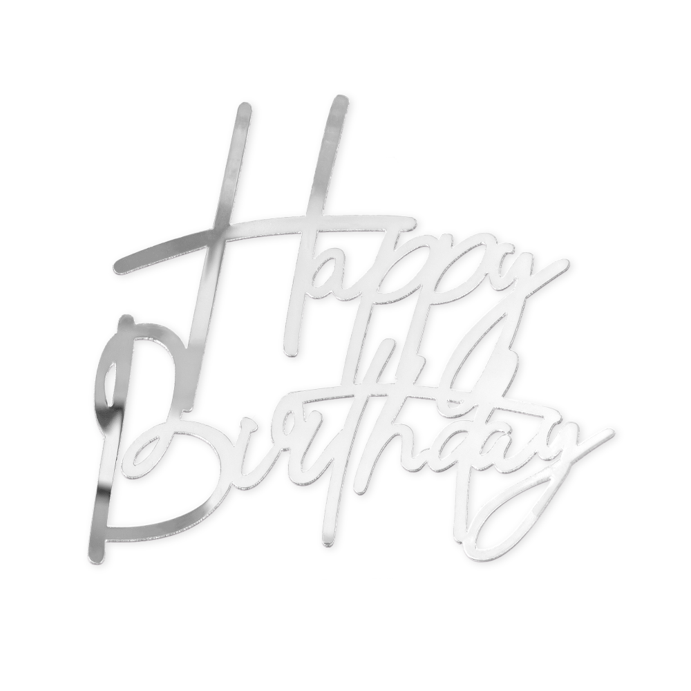 Topper na bok tortu Happy Birthday srebrny lustrzany