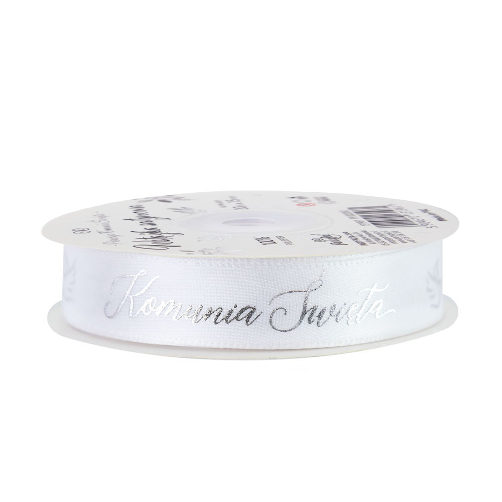 Tasiemka satynowa Komunia Święta biało-srebrna 20m