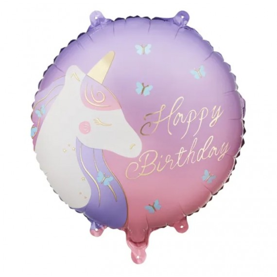 Balon foliowy pastylka Happy Birthday z jednorożcem, 35x35 cm