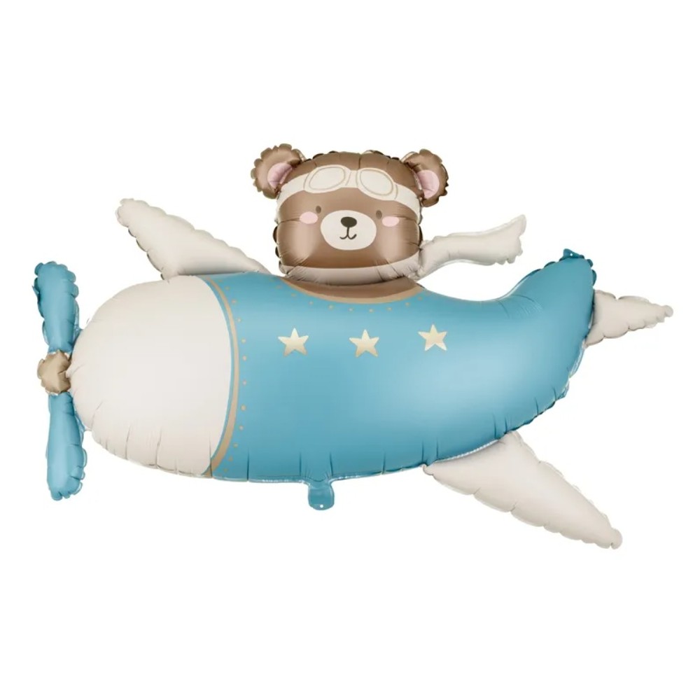 Balon foliowy Miś w Samolocie, 94x61 cm, jasny niebieski