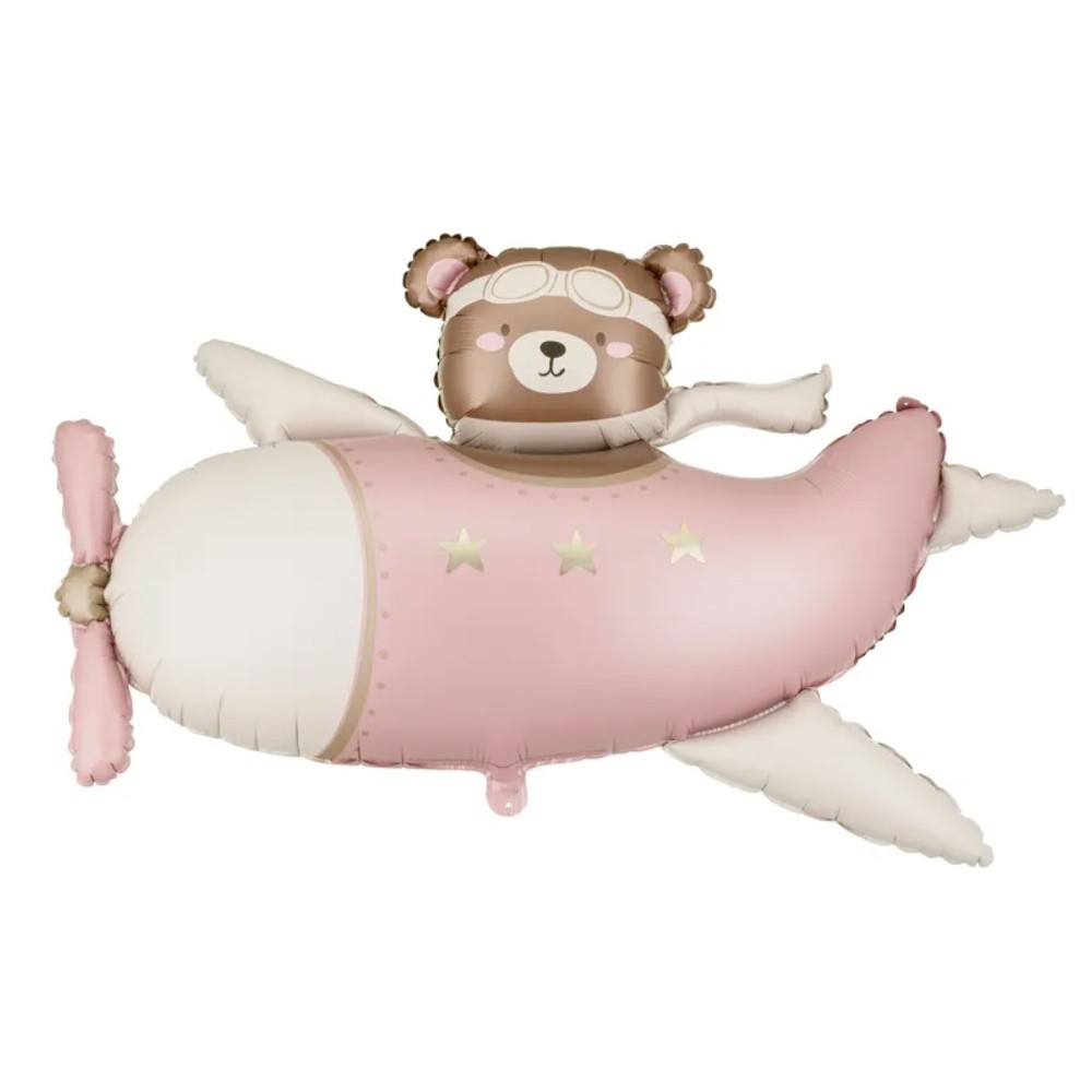 Balon foliowy Miś w Samolocie, 94x61 cm, jasny różowy