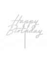 Topper akrylowy na tort Happy Birthday, 18x16.5 cm, srebrny brokatowy