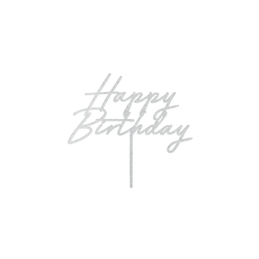Topper akrylowy na tort Happy Birthday, 18x16.5 cm, srebrny brokatowy