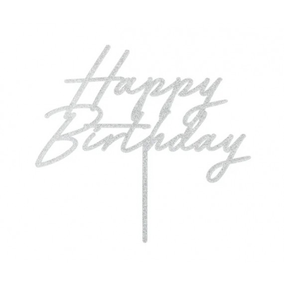Topper akrylowy na tort Happy Birthday, 18x16.5 cm, srebrny brokatowy