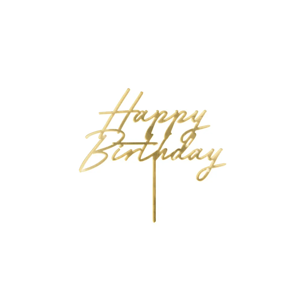 Topper akrylowy na tort Happy Birthday, 18x16.5 cm, złoty