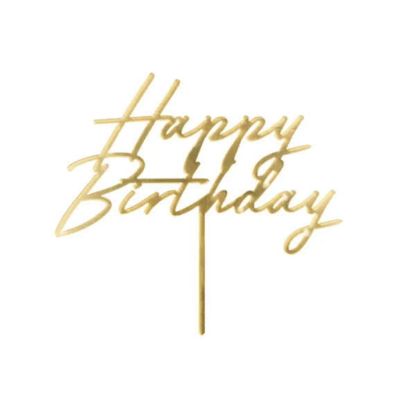 Topper akrylowy na tort Happy Birthday, 18x16.5 cm, złoty