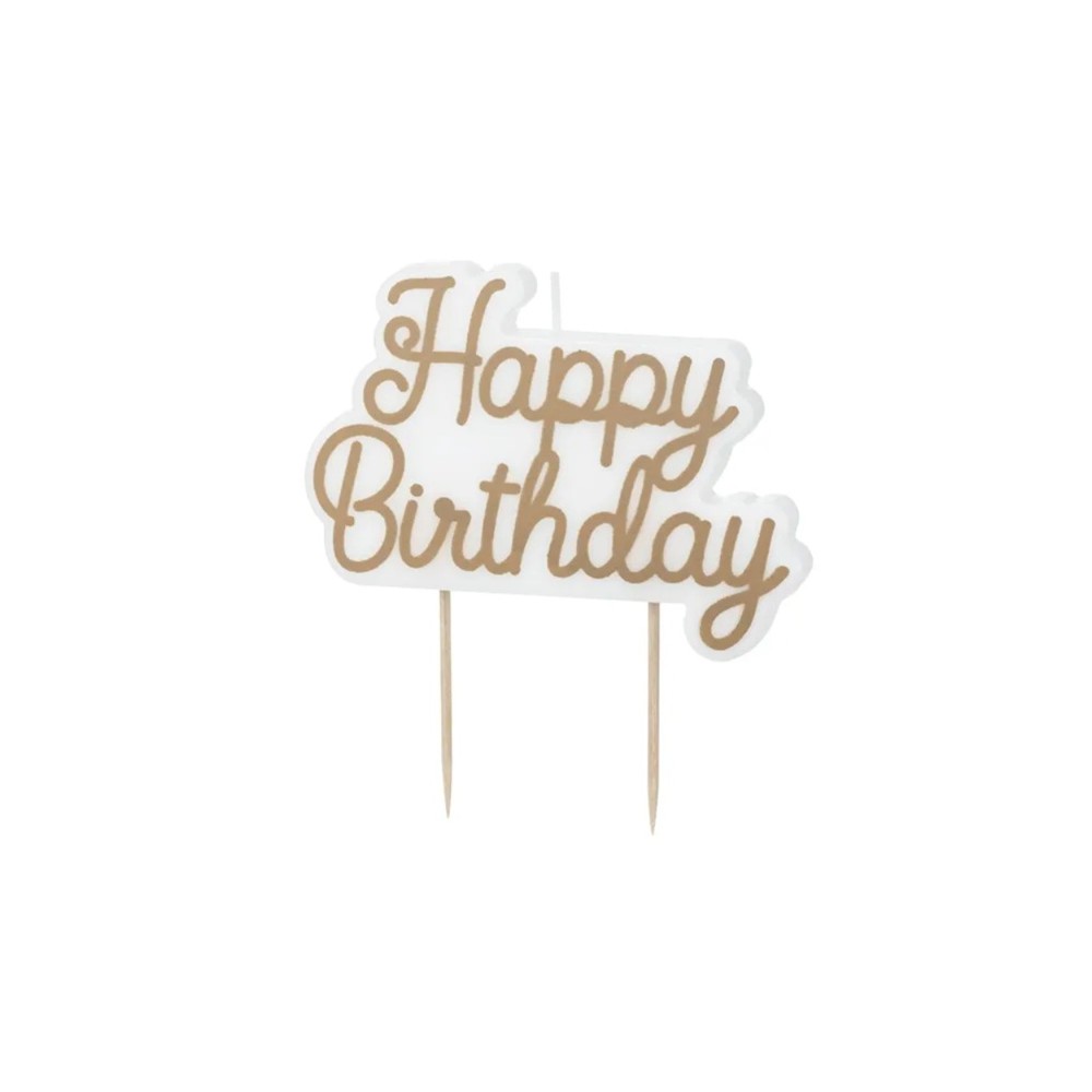 Świeczka urodzinowa Happy Birthday, zimny złoty, 7.5x10 cm