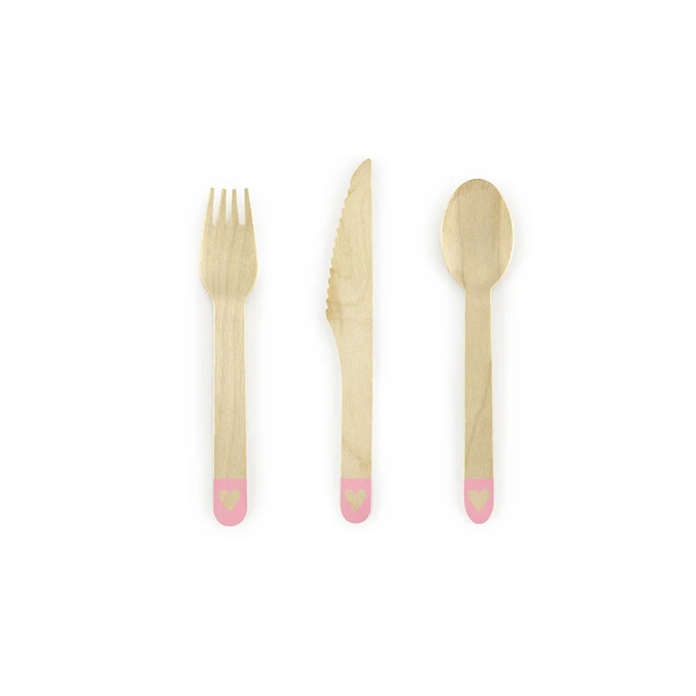 Sztućce drewniane Serca, różowy, 16cm
