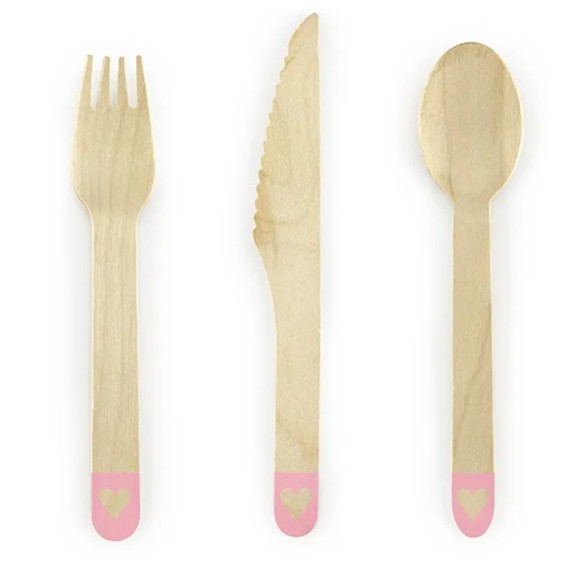 Sztućce drewniane Serca, różowy, 16cm