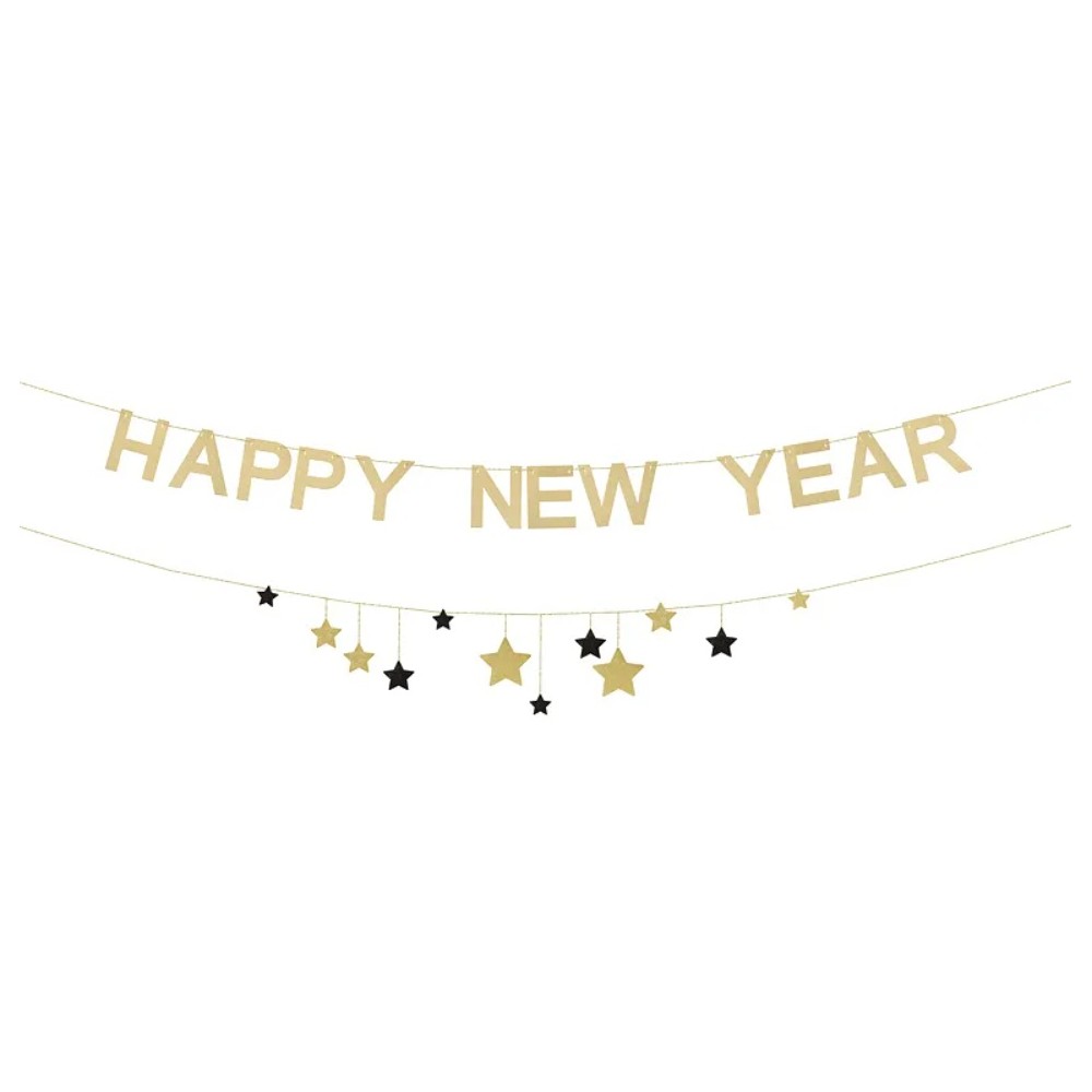 Baner Happy New Year z gwiazdkami, 300 cm, złoty