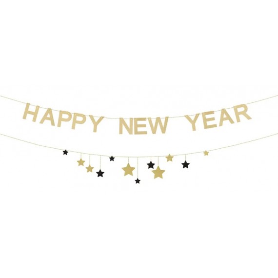 Baner Happy New Year z gwiazdkami, 300 cm, złoty