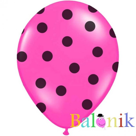 Balon lateksowy ciemno różowy - czarne groszki