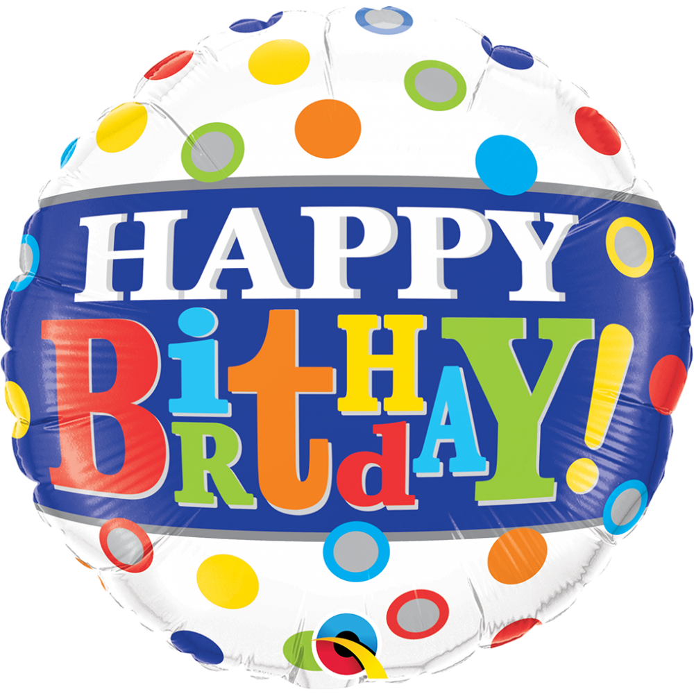 Balon foliowy okrągły Happy birthday kolorowe grochy18" QL