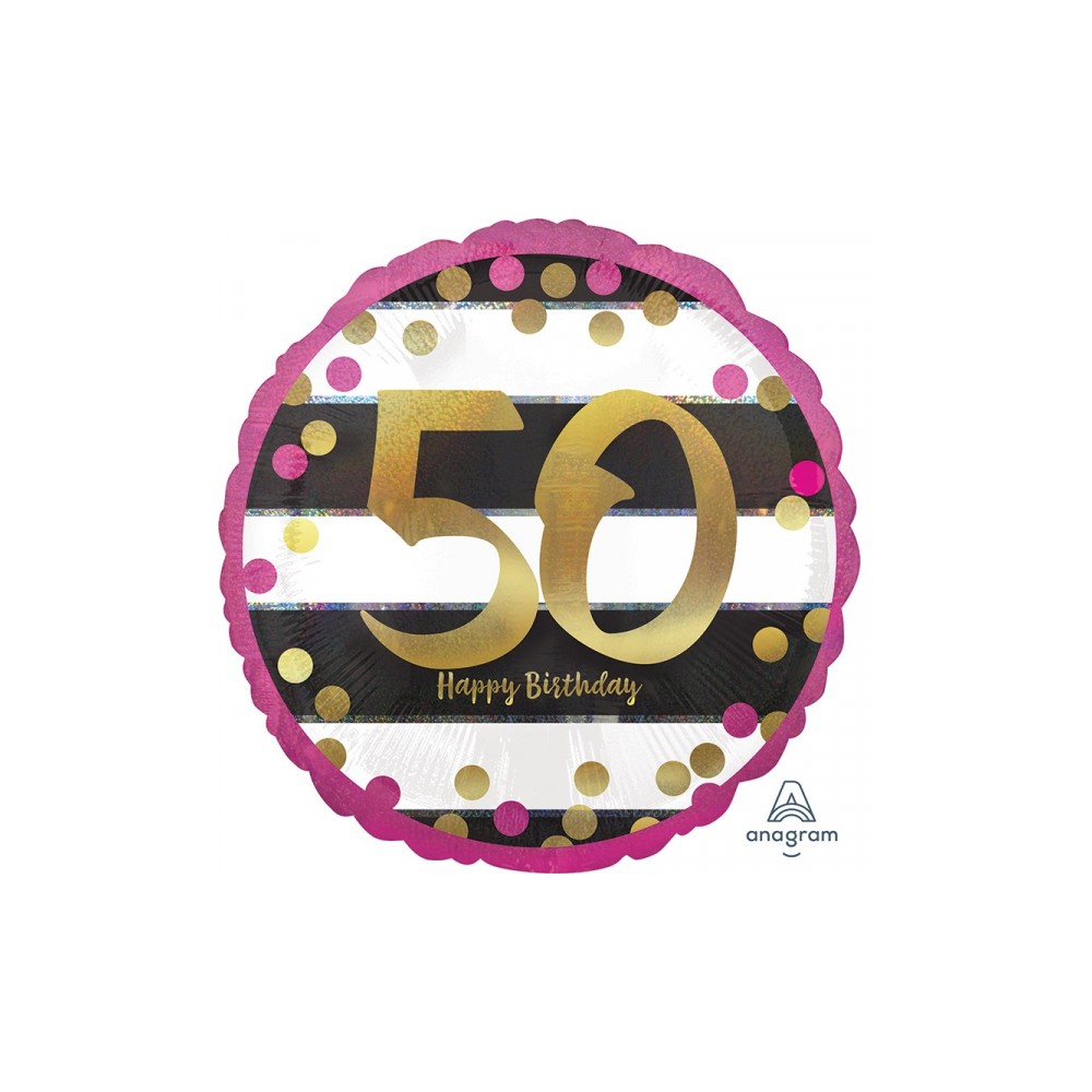 Balon foliowy okrągły 50 Happy birthday paski