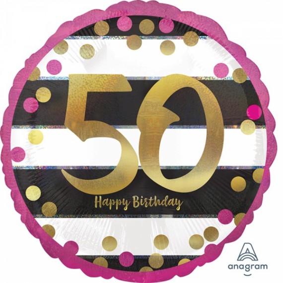 Balon foliowy okrągły 50 Happy birthday paski