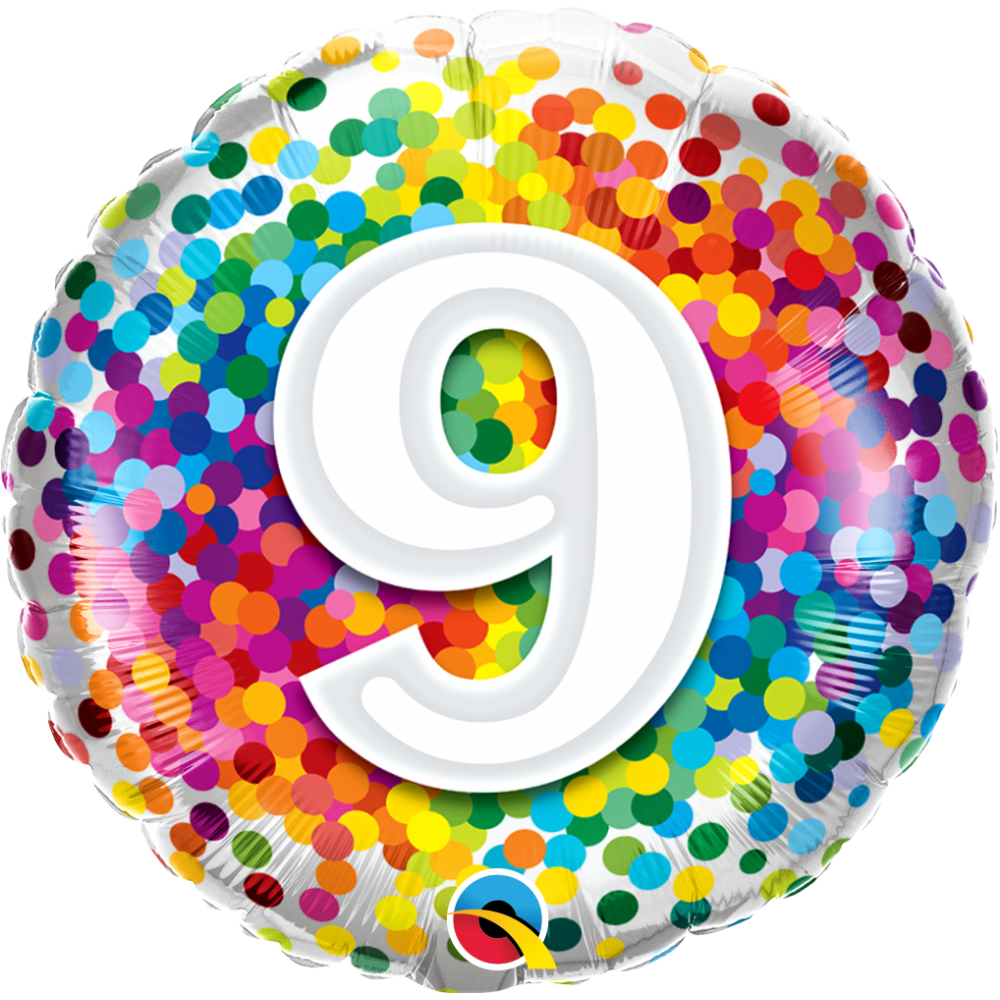 Balon foliowy okrągły cyfra 9 kolorowe konfetti 18" QL