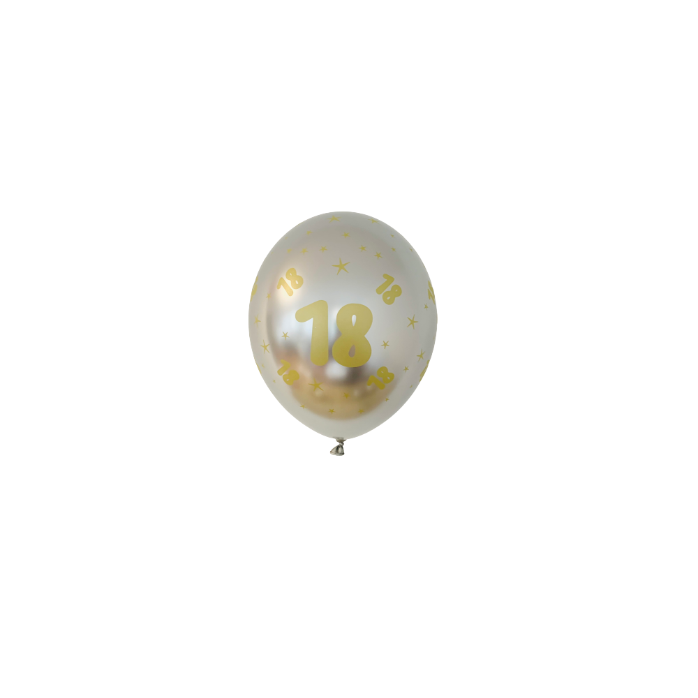 Balon lateksowy srebrny chrom z nadrukiem - złota 18