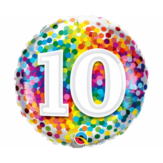 Balon foliowy okrągły liczba 10 kolorowe konfetti 18" QL