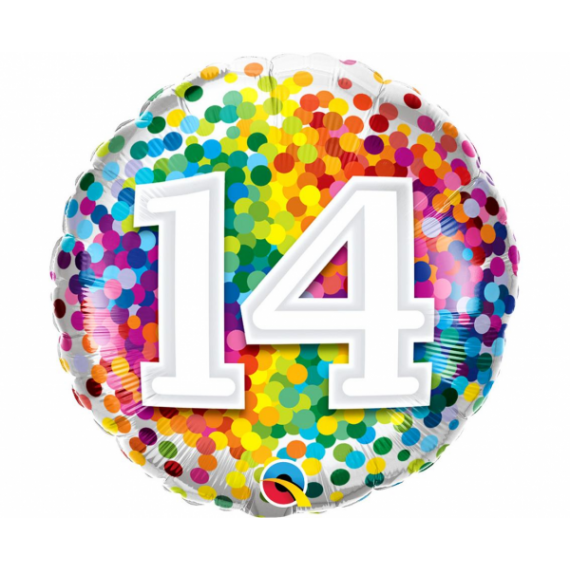 Balon foliowy okrągły liczba 14 kolorowe konfetti 18" QL