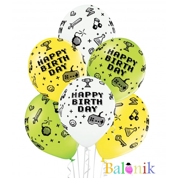 Balon lateksowy mix kolorów z nadrukiem happy birthday - game