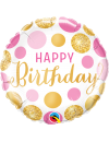 Balon foliowy okrągły złoto różowe grochy - Happy Birthday 18" QL